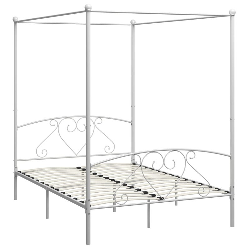 Łóżko Metalowe Białe z Baldachimem Rama Łóżka Ze Stelażem Do Pokoju 140 x 200 cm