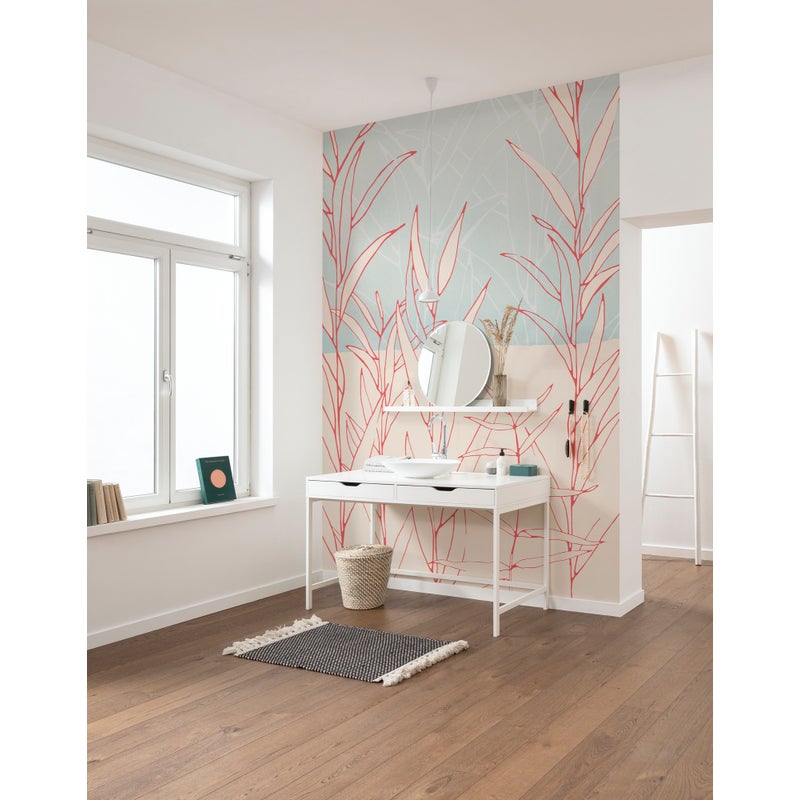 Fototapeta narysowane liście czerwonym,różowymIjasnoniebieskim - 200 x 280 cm - SANDERS & SANDERS