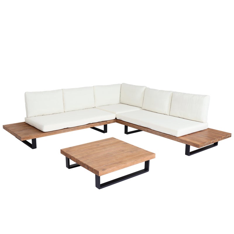 Zestaw ogrodowy HWC-H54, zestaw wypoczynkowy Lounge Set, drewno akacjowe Spun Poly MVG aluminium ~ jasnobrązowy, tapicerka kremowo-biała