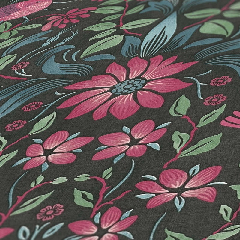 Tapeta kwiatowy wzór czarnym,różowym,niebieskimIzielonym - 53 cm x 10.05 m - LIVINGWALLS