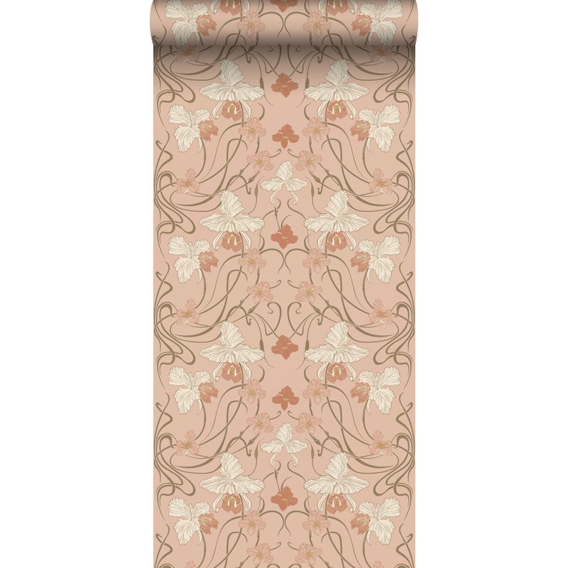 Tapeta vintage kwiaty w stylu secesyjnym terakoty różowej - 53 cm x 10.05 m - ESTAHOME