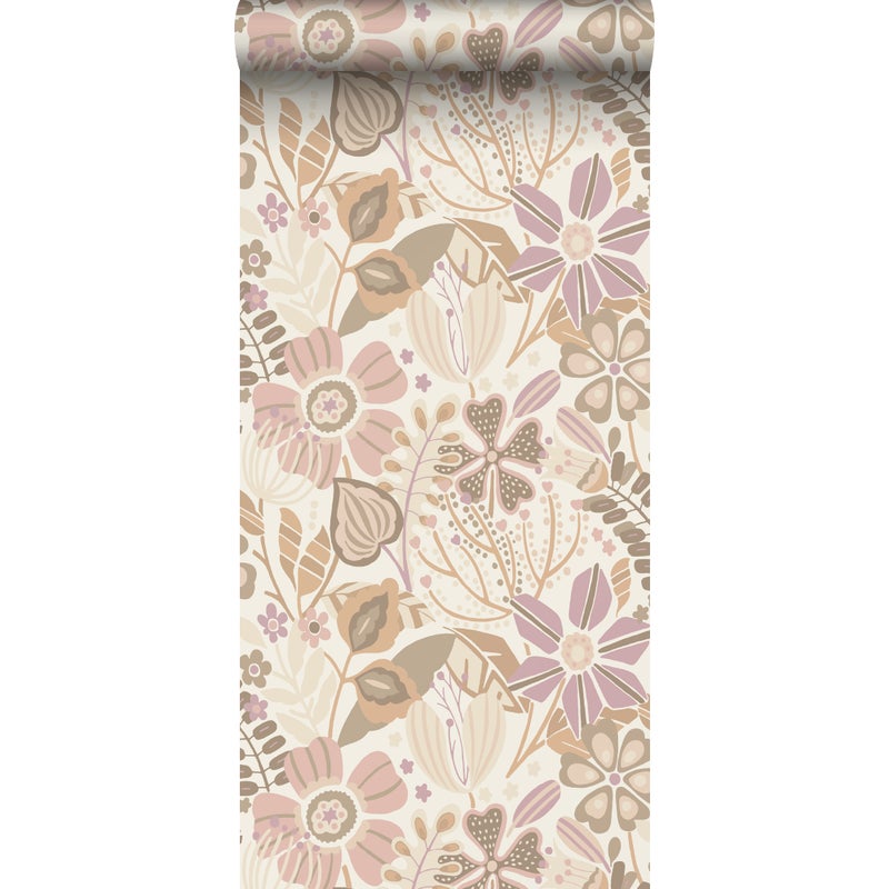 Tapeta kwiatowy wzór beżowymIliliowo fioletowym - 53 cm x 10.05 m - ESTAHOME