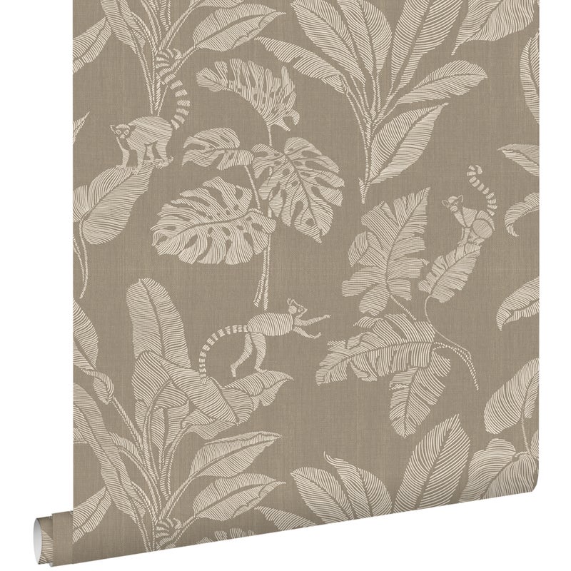 Tapeta małpy i liście dżungli taupe - 50 x 900 cm - ESTAHOME