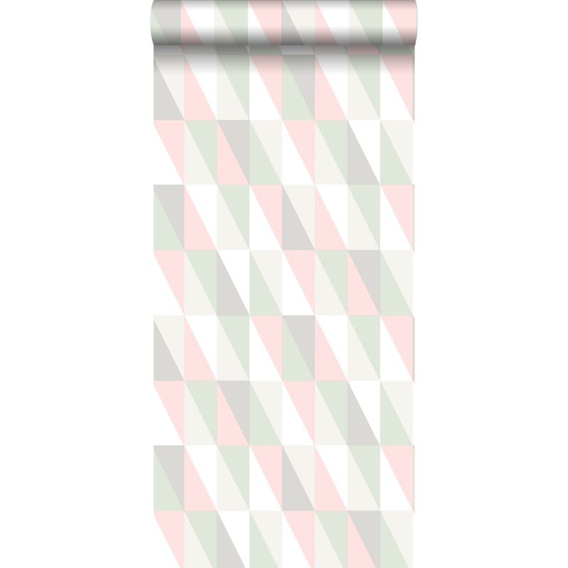 Tapeta graficzne trójkąty geometryczne zielonym,różowymIszarym - 53 cm x 10.05 m - WALLS4YOU