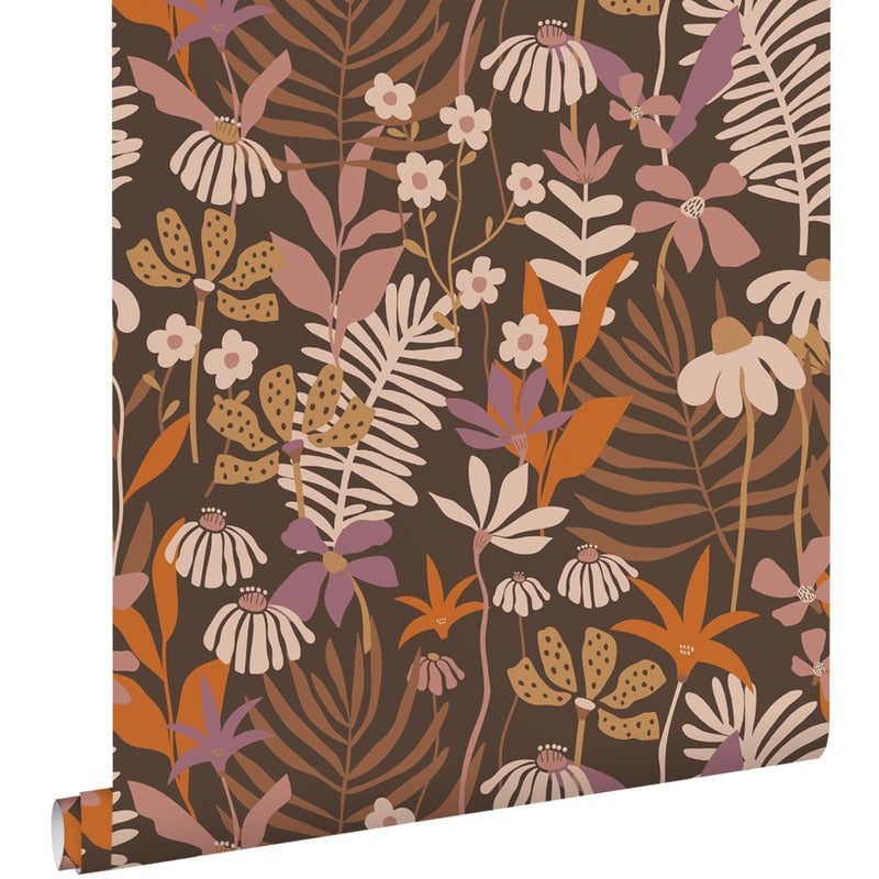 Tapeta tropikalne liście i kwiaty brązowym,fioletowymIw wielu kolorach - 50 x 900 cm - ESTAHOME