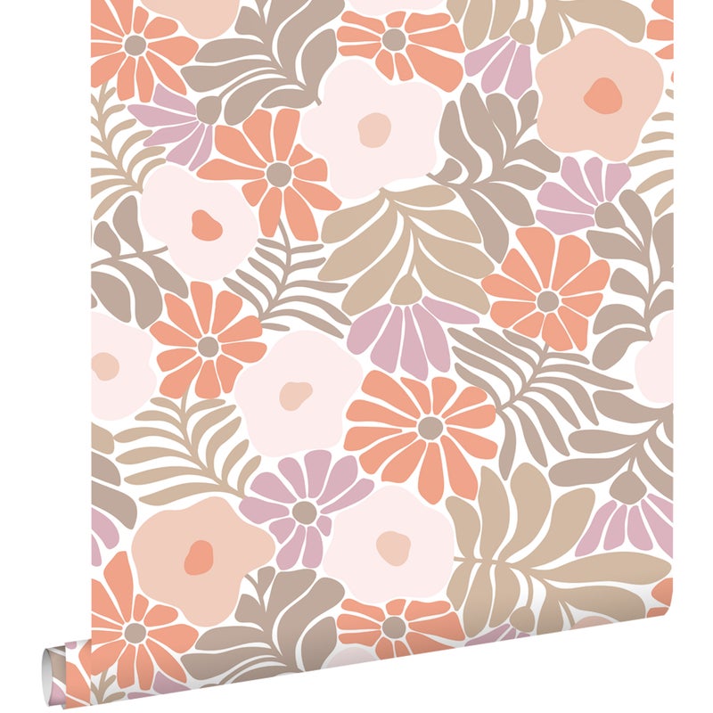 Tapeta kwiaty w stylu Matissa pomarańczowym,fioletowymIjasnego różu - 50 x 900 cm - ESTAHOME