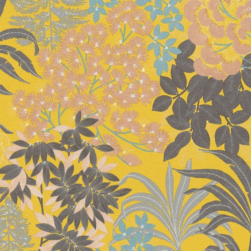 Tapeta kwiaty żółtym,czarnym,różowym,niebieskimIszarym - 53 cm x 10.05 m - LIVINGWALLS