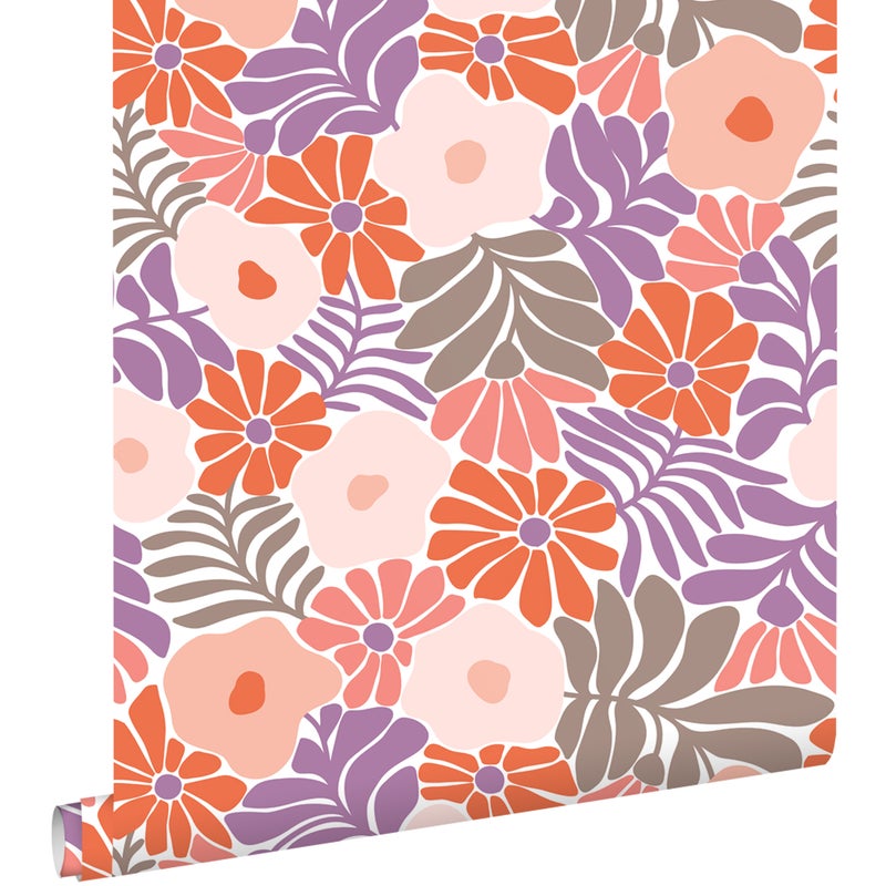 Tapeta kwiaty w stylu Matissa fioletowymIpomarańczowym - 50 x 900 cm - ESTAHOME