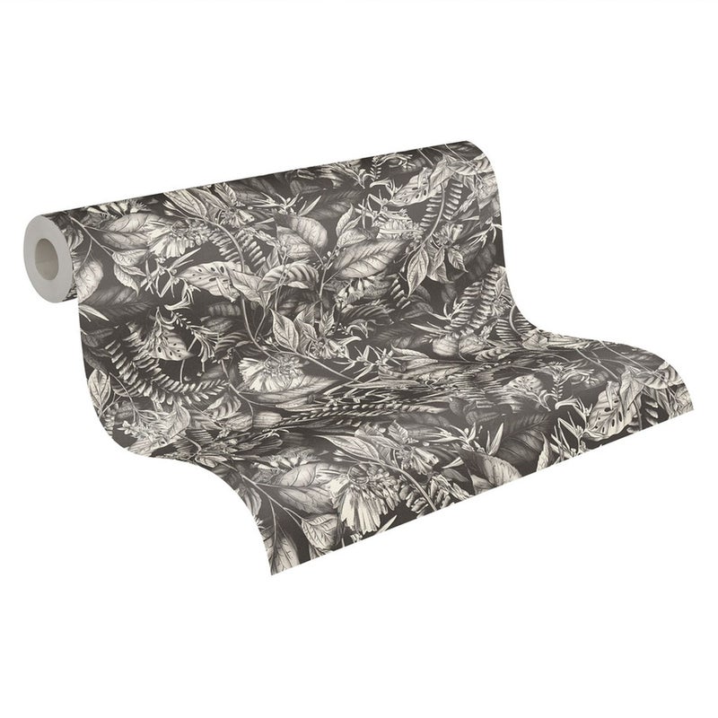 Tapeta tropikalne liście czarnymIbiałym - 53 cm x 10.05 m - LIVINGWALLS