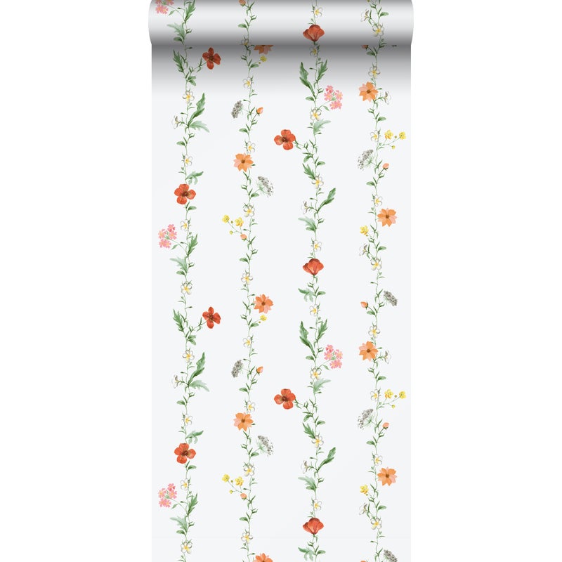 Tapeta kwiaty pomarańczowym,zielonymIbiałym - 53 cm x 10 m - SANDERS & SANDERS