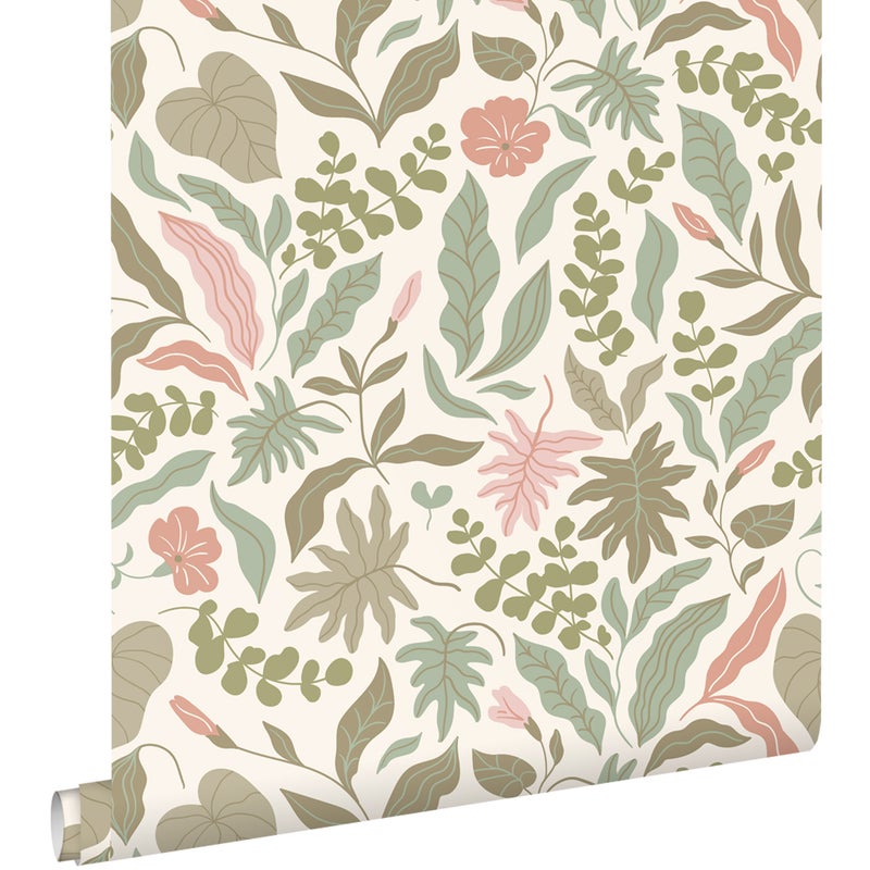 Tapeta liście i kwiaty szaro zielonymIróżowym - 50 x 900 cm - ESTAHOME