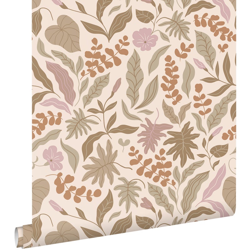 Tapeta liście i kwiaty ciepły beż,terakotaIfioletowym - 50 x 900 cm - ESTAHOME