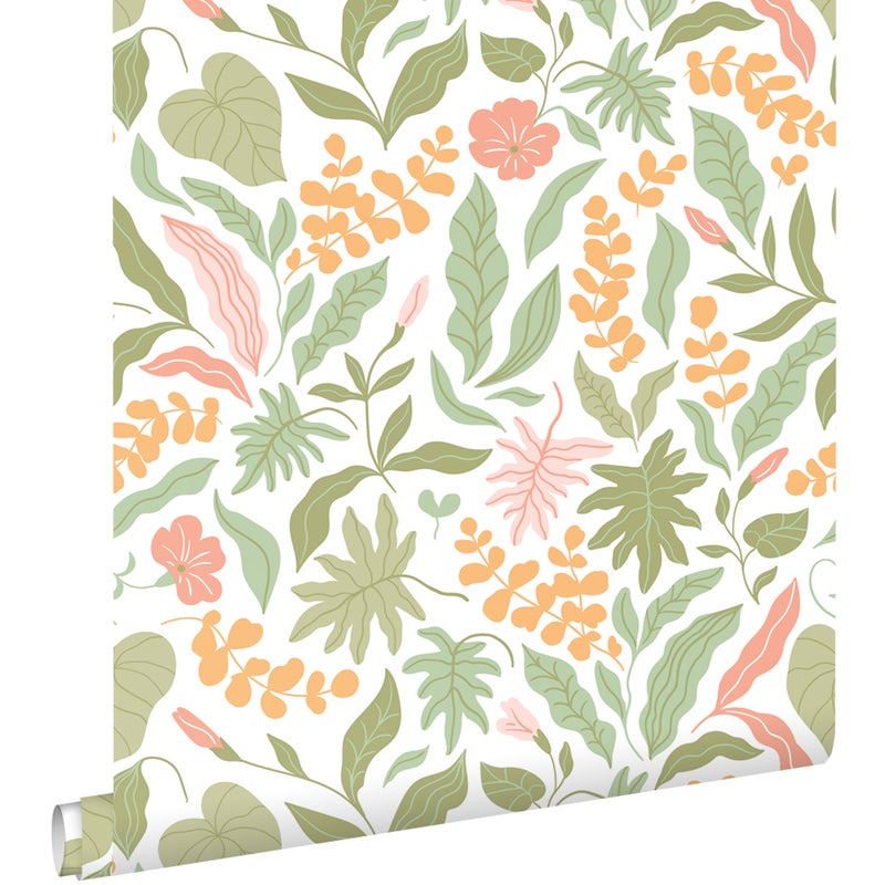 Tapeta liście i kwiaty zielonym,różowymIpomarańczowym - 50 x 900 cm - ESTAHOME