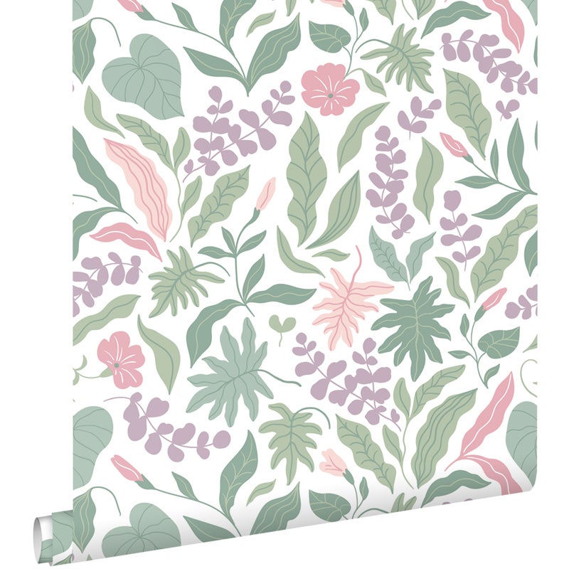 Tapeta liście i kwiaty fioletowym,różowymIzielonym - 50 x 900 cm - ESTAHOME