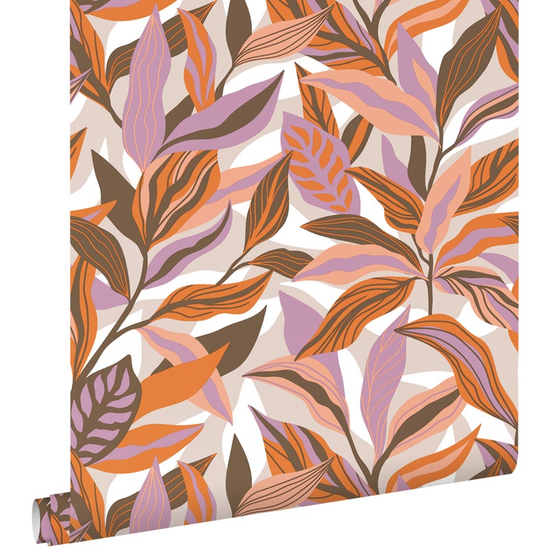 Tapeta tropikalne liście pomarańczowym,fioletowymIróżowym - 50 x 900 cm - ESTAHOME