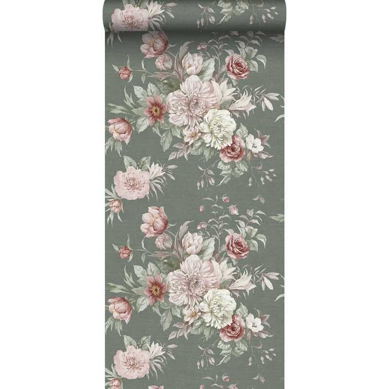 Tapeta kwiat martwa natura szaro zielonym - 53 cm x 10.05 m - BORASTAPETER