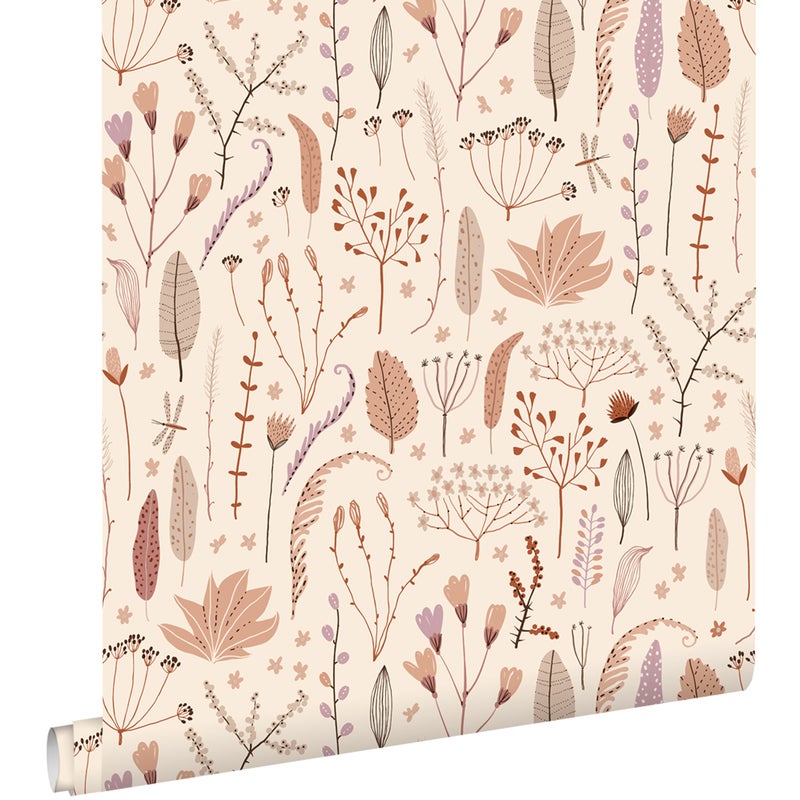 Tapeta kwiaty polne ciepły beż,terakotaIfioletowym - 50 x 900 cm - ESTAHOME