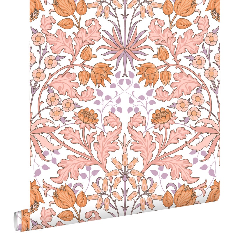 Tapeta vintage kwiaty w stylu secesyjnym różowym,pomarańczowymIfioletowym - 50 x 900 cm - ESTAHOME