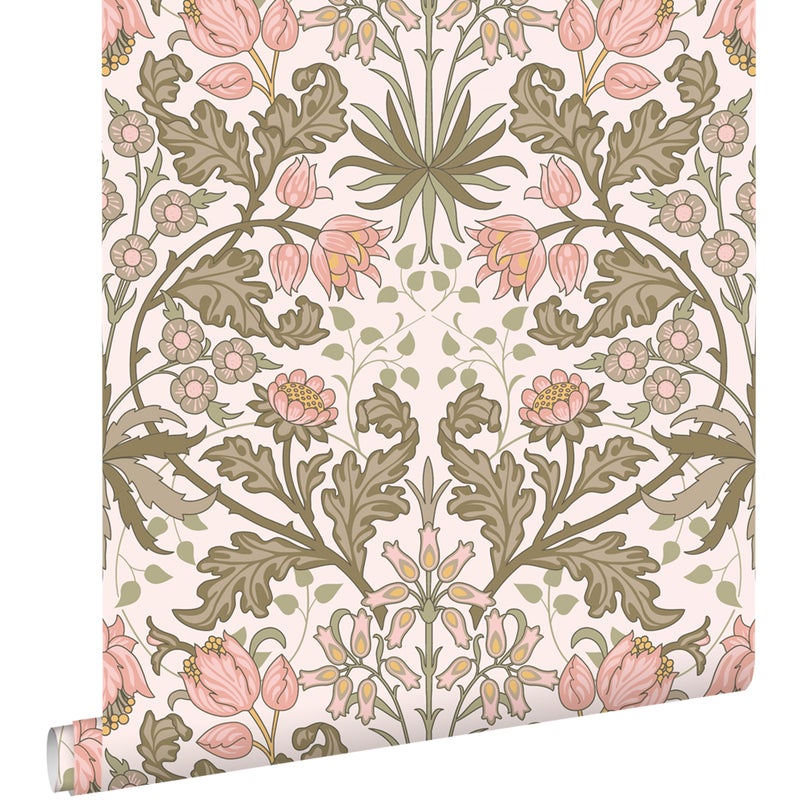 Tapeta vintage kwiaty w stylu secesyjnym jasnego różuIszaro zielonym - 50 x 900 cm - ESTAHOME