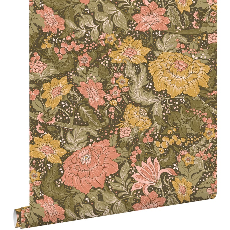 Tapeta zabytkowe kwiaty szaro-oliwkowym,różowymIochry żółtej - 50 x 900 cm - ESTAHOME