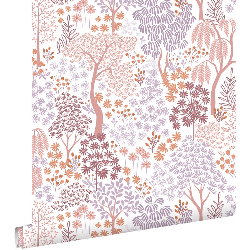 Tapeta drzewa i kwiaty fioletowymIpomarańczowym - 50 x 900 cm - ESTAHOME