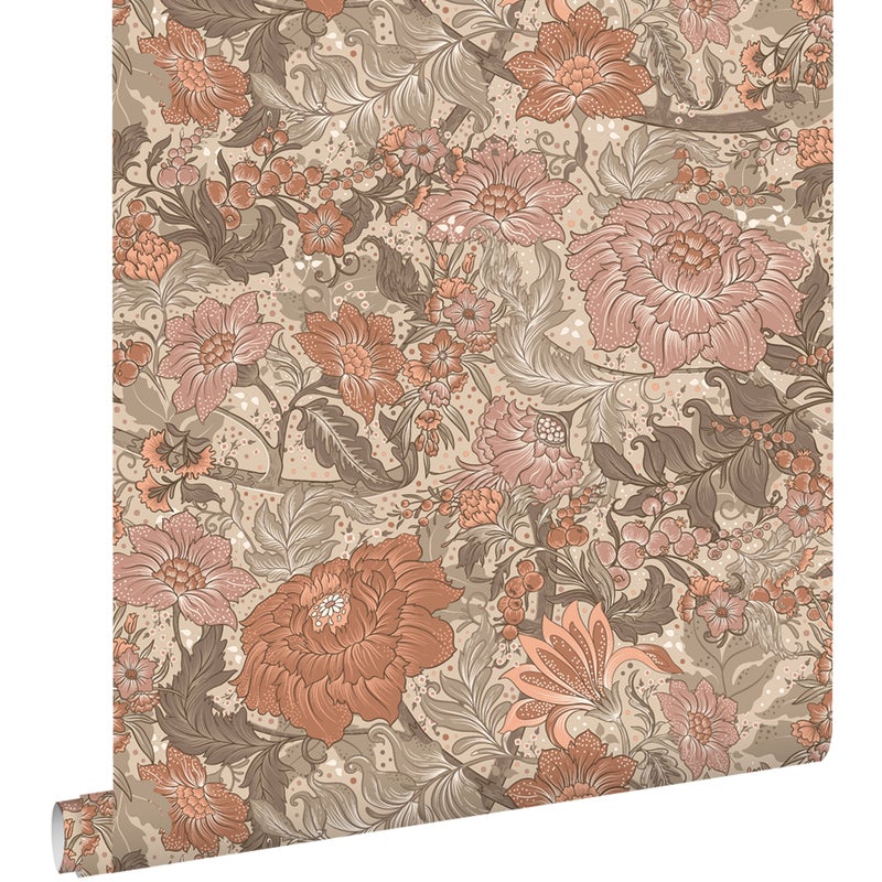 Tapeta zabytkowe kwiaty terakota - 50 x 900 cm - ESTAHOME