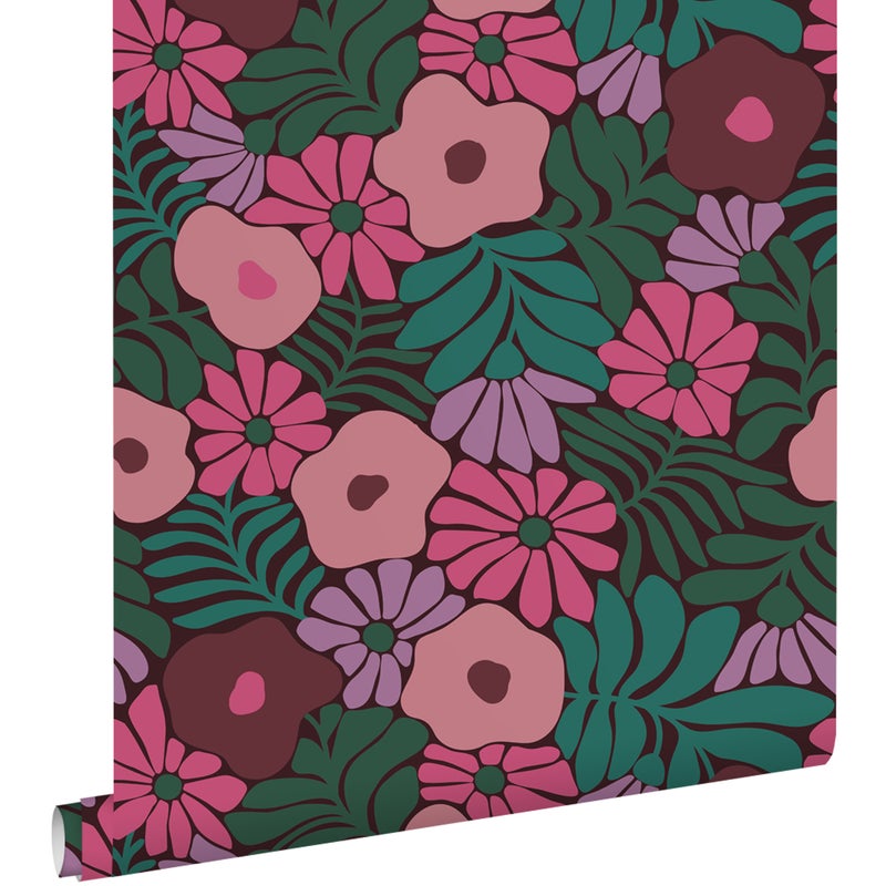 Tapeta kwiaty w stylu Matissa zielonym,różowymIfioletowym - 50 x 900 cm - ESTAHOME