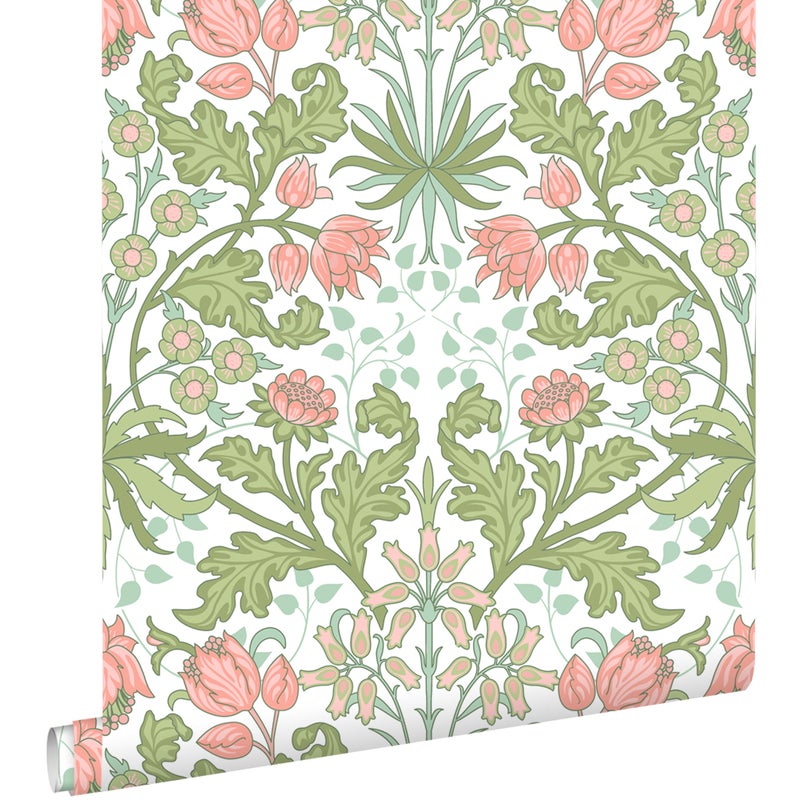 Tapeta vintage kwiaty w stylu secesyjnym zielonymIróżowym - 50 x 900 cm - ESTAHOME