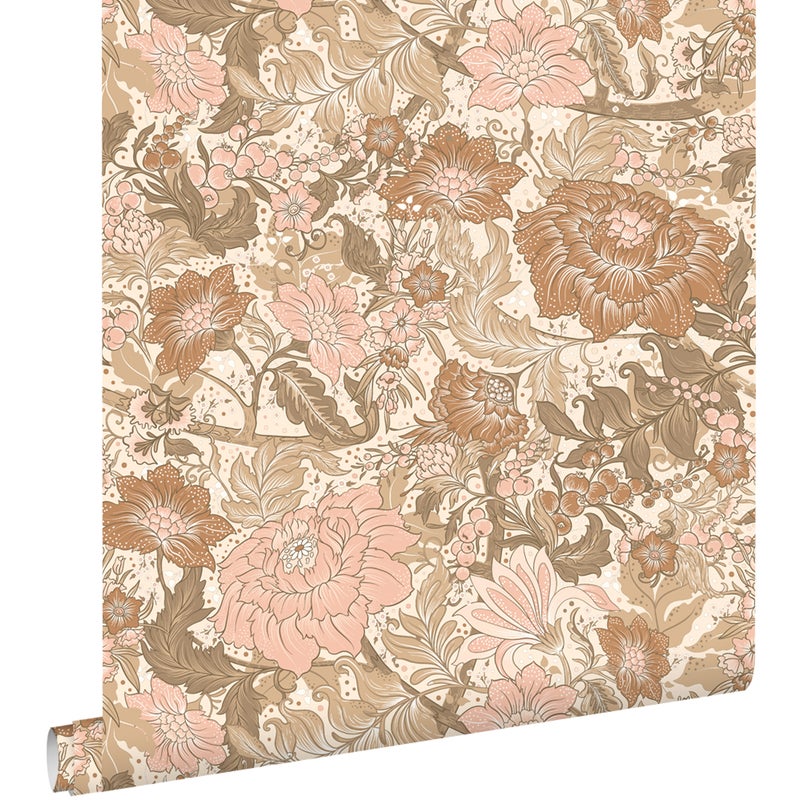 Tapeta zabytkowe kwiaty delikatnego różu,brązowymItaupe - 50 x 900 cm - ESTAHOME