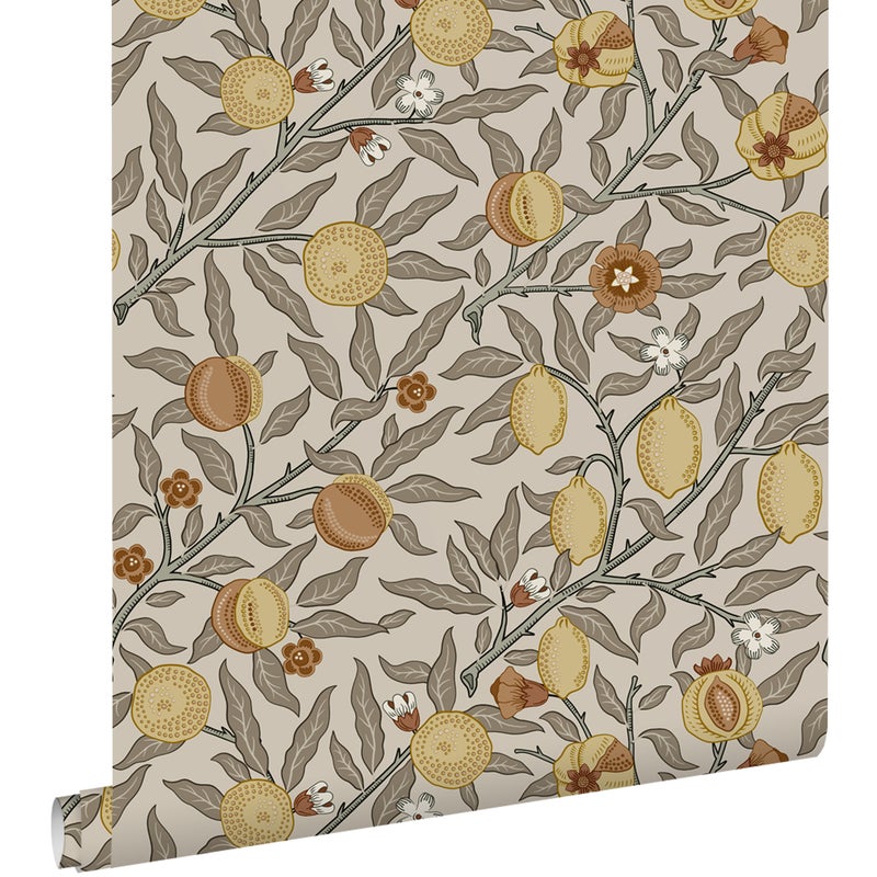 Tapeta egzotyczne owoce i liście szaro zielonym,terakotaIochry żółtej - 50 x 900 cm - ESTAHOME