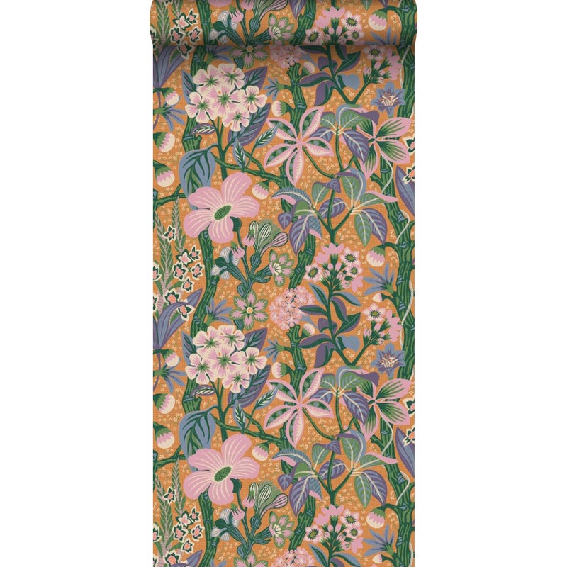 Tapeta tropikalne liście i kwiaty pomarańczowymIróżowym - 49 cm x 10.05 m - BORASTAPETER