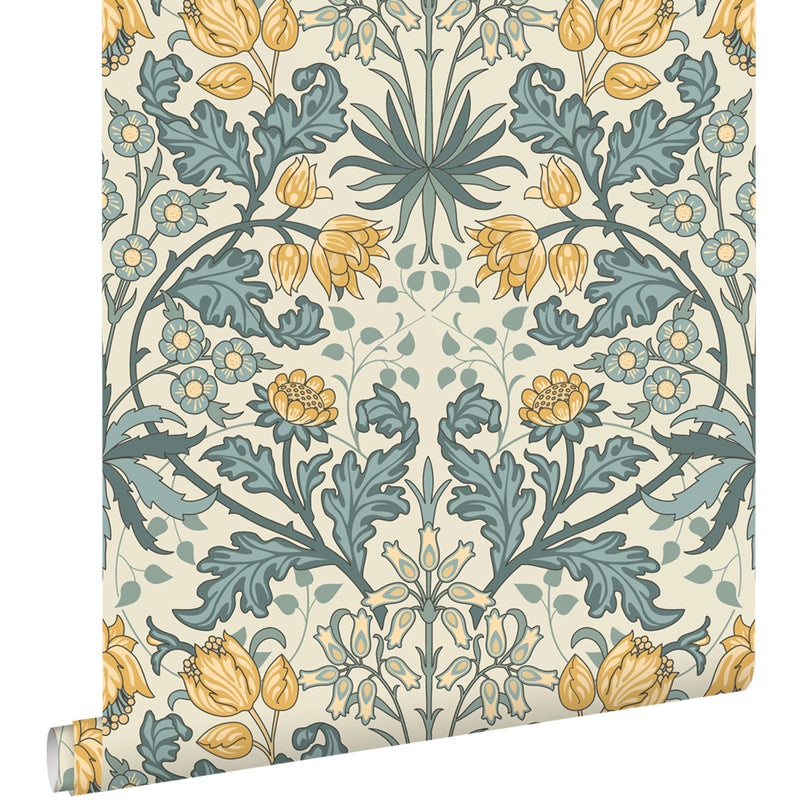 Tapeta vintage kwiaty w stylu secesyjnym niebieskimIżółtym - 50 x 900 cm - ESTAHOME
