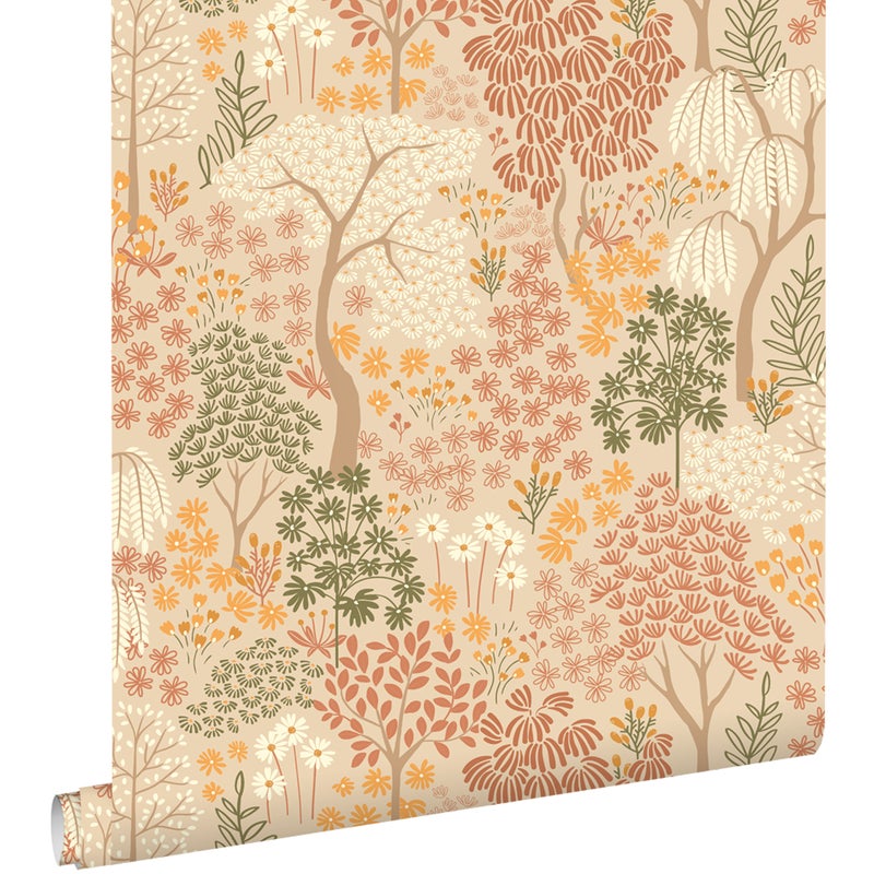 Tapeta drzewa i kwiaty beżowym,terakotaIzielonym - 50 x 900 cm - ESTAHOME