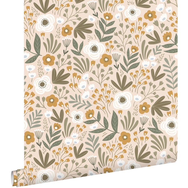 Tapeta kwiaty szaro zielonymIbrązowym - 50 x 900 cm - ESTAHOME