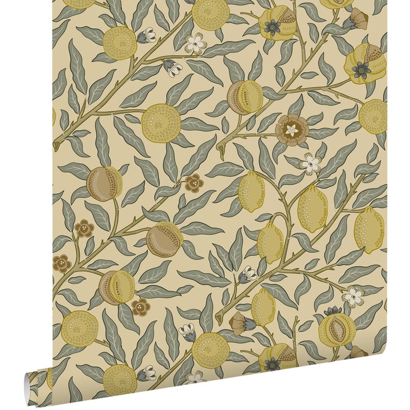 Tapeta egzotyczne owoce i liście żółtymIzielonym - 50 x 900 cm - ESTAHOME