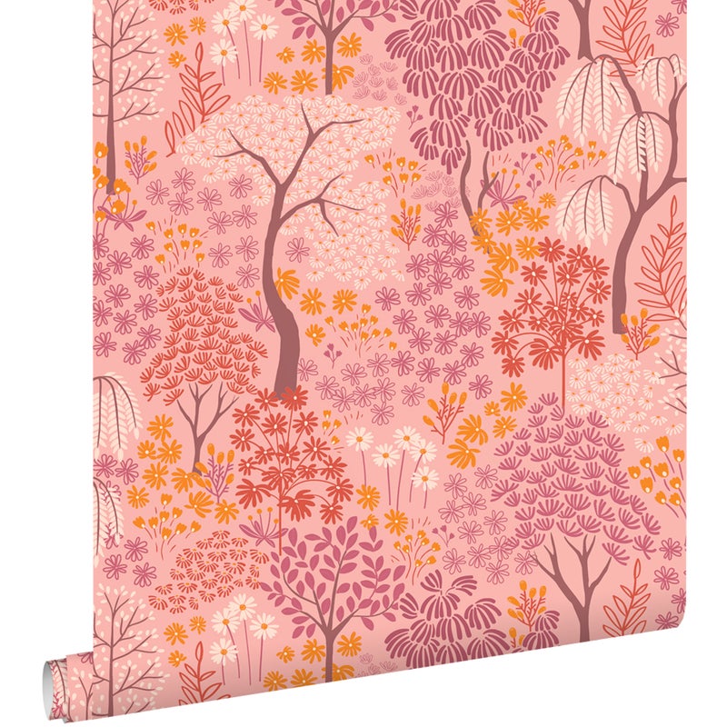 Tapeta drzewa i kwiaty różowym,fioletowymIpomarańczowym - 50 x 900 cm - ESTAHOME