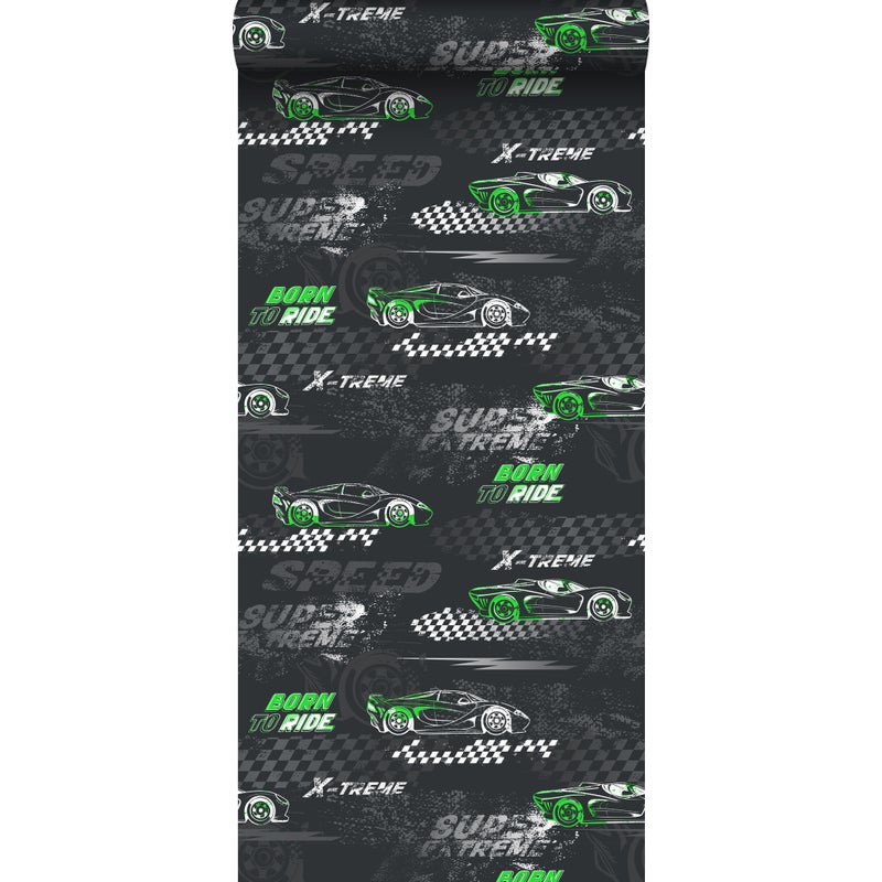 Tapeta samochody wyścigowe zielonymIczarno-białym - 50 x 900 cm - SANDERS & SANDERS