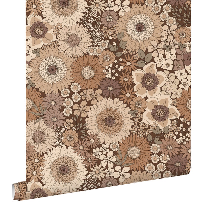 Tapeta retro kwiaty brązowym - 50 x 900 cm - ESTAHOME