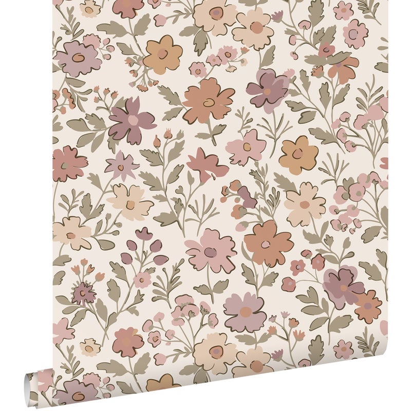 Tapeta kwiaty fioletowego mauve,szaro zielonymIterakota - 53 cm x 10.05 m - ESTAHOME