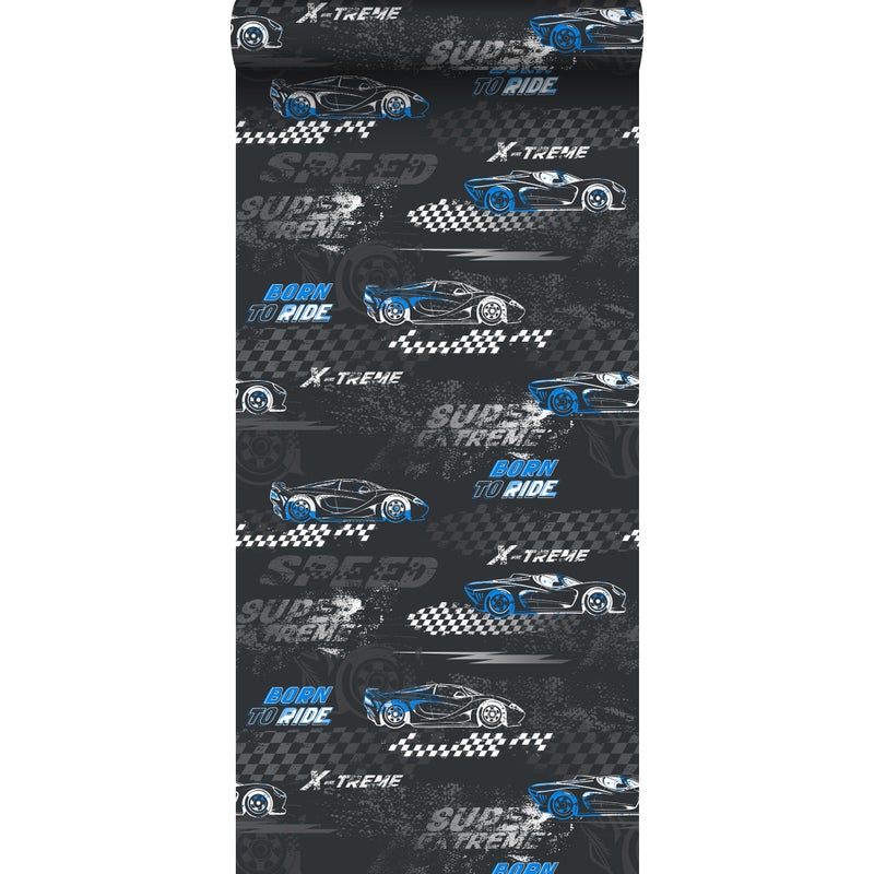 Tapeta samochody wyścigowe niebieskimIczarno-białym - 50 x 900 cm - SANDERS & SANDERS