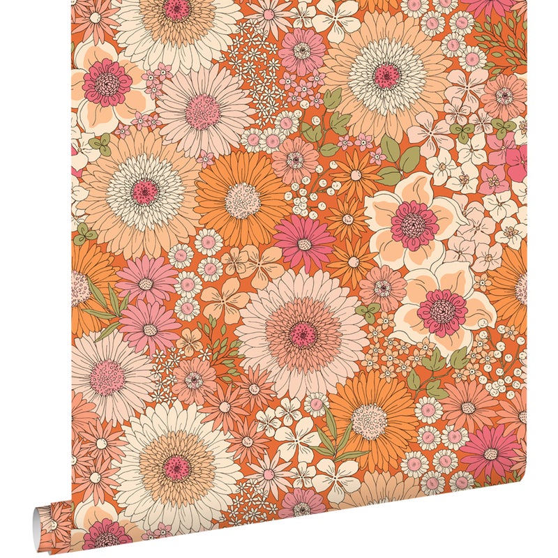Tapeta retro kwiaty pomarańczowymIróżowym - 53 cm x 10.05 m - ESTAHOME
