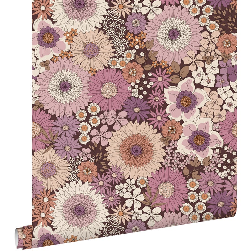 Tapeta retro kwiaty fioletowego mauveIterakoty różowej - 53 cm x 10.05 m - ESTAHOME