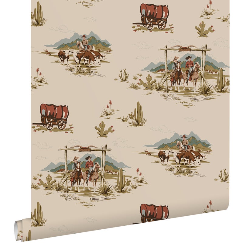 Tapeta kowboje ciemny beż,niebieskimIzielonym - 50 x 900 cm - ESTAHOME