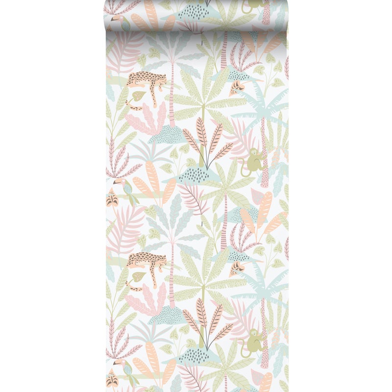 Tapeta zwierzęta dżungli zielonym,różowymIniebieskim - 53 cm x 10.05 m - SANDERS & SANDERS
