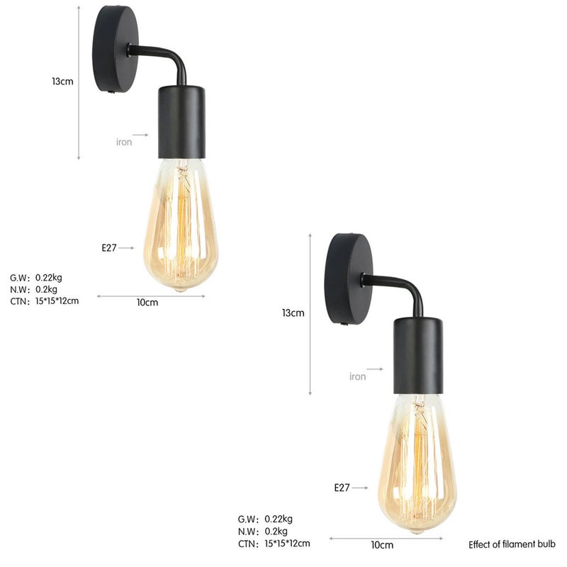 Kinkiet Edison Retro, metalowa lampa ścienna w stylu vintage industrial, oświetlenie wewnętrzne industrialne z gniazdem E27, kolor czarny, 2 sztuki