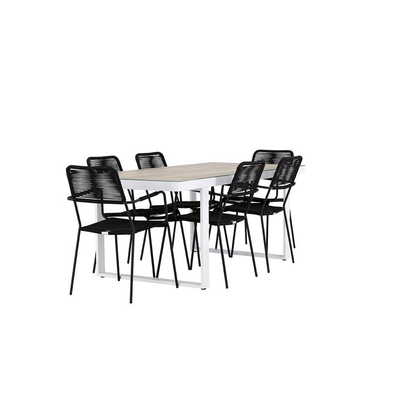Merlo zestaw ogrodowy stół 90x200cm biały, 6 krzeseł czarnych.