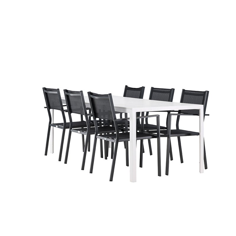 Break zestaw ogrodowy stół 90x205cm biały, 6 krzeseł czarnych.
