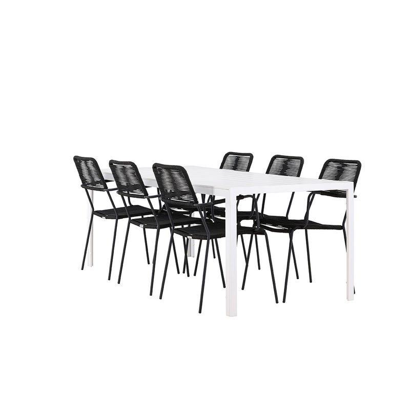 Break zestaw ogrodowy stół 90x205cm biały, 6 krzeseł czarnych.