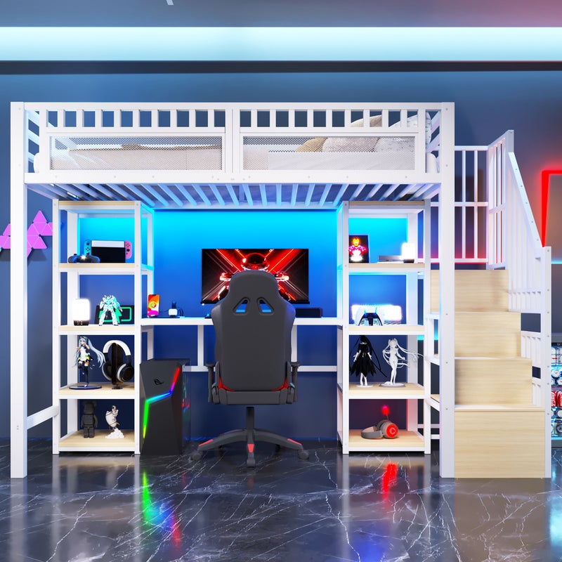 Łóżko na antresoli 90x200 cm - Zintegrowana drabina z pojemnikami - Wbudowane biurko - Listwa LED + port USB - biały
