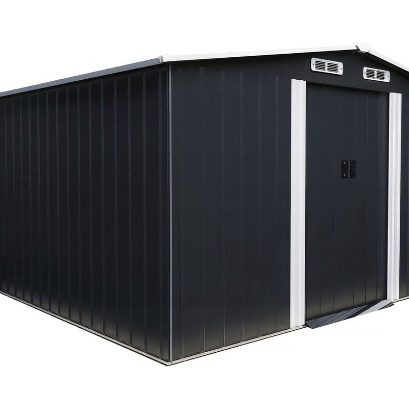 Metalowa szopa ogrodowa z przesuwanymi drzwiami 